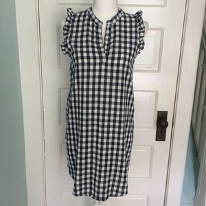 JUST LIVING Dress Blue White Linen Cotton Gingham Shift Country Ruffle XS